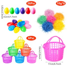 48 Pieces Easter Egg Baskets Set Include 6 Plastic Easter Egg Hunt Baskets with Handle 36 Colorful Fillable Plastic Surprise Easter Eggs 6 Tissue Raffia Paper for Easter Theme Party