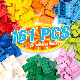 MANNIDOO Large Building Blocks for Kids Toddlers, 161PCS Big Building Bricks with 10"x10" Large Baseplates and Eye Accessories - Compatible with All Major Brand Blocks, 9 Color/13 Shape