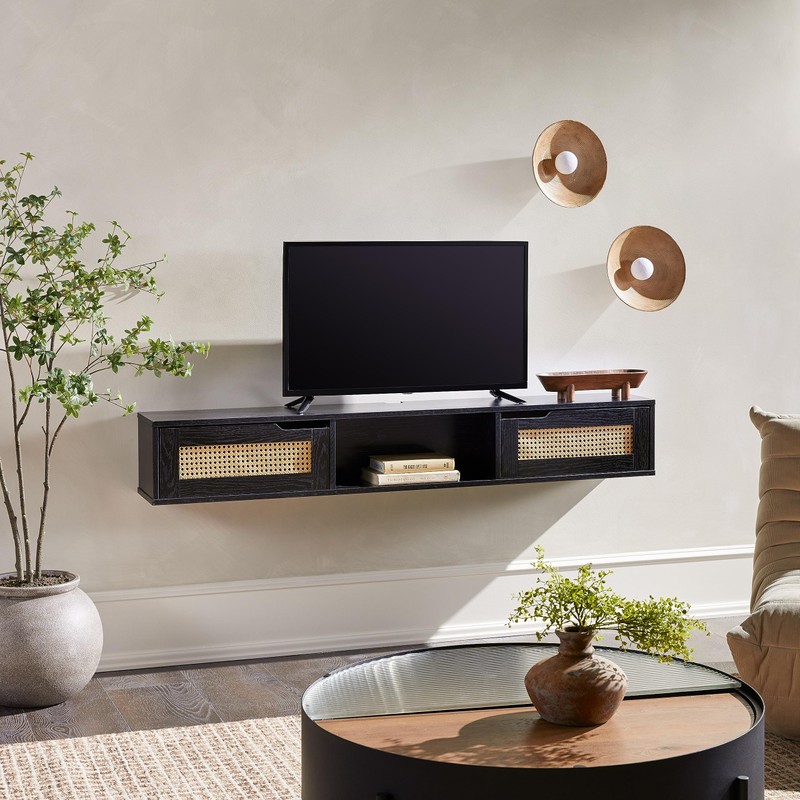 Walker Edison Destin Modern Rattan Flip-Down-Door Wall-Mounted Floating TV Stand