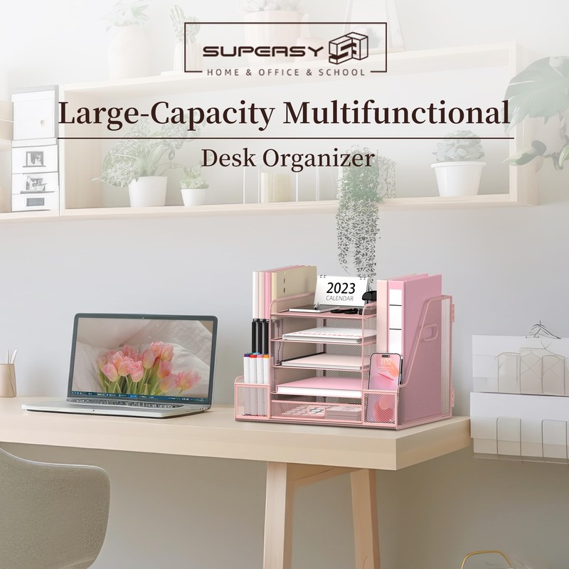 SUPEASY Mesh Desk Organizer with File Holder, 5-Tier Paper Letter