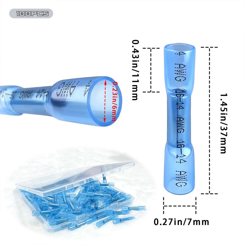 Heat Shrink Butt Wire Connectors, 100Pcs 16-14 AWG Blue Insulated