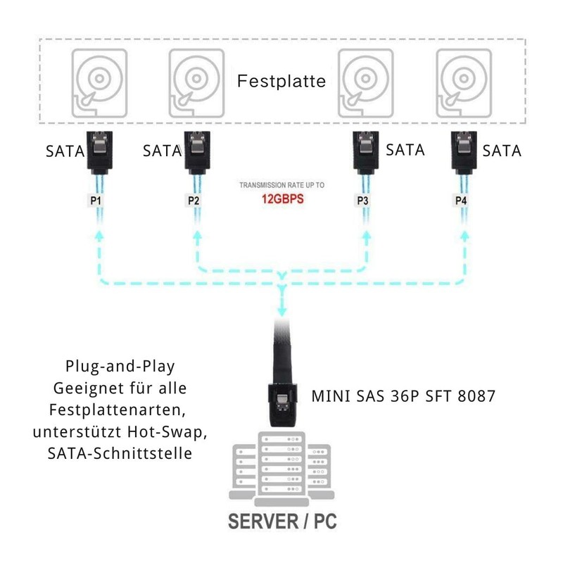 Bolwins H72S Mini SAS SFF 8087 36P to 4x SATA