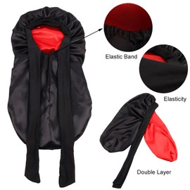 LadayPoa Double Layer Sleep Cap with Hair Ties for Women Long Hair Bonnet for Curly Hair Waterproof Satin Hair Cap for Sleeping Extra Large Adjustable Satin Bonnet for Women Black