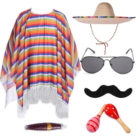 7Pcs Mexican Party Costume Set Mexican Poncho and Sombrero Set for Adults,Includes Mexican Fiesta Serape Poncho Sombrero Hat Sunglasses Fake Mustache Maracas Stick Prop for Cinco De Mayo Costume