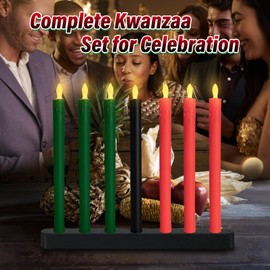 Kwanzaa Kinara Set Kwanzaa Candle Holder with LED Candles – Not Include Battery – 7 Flameless Battery-Powered Taper Candles & Wooden Kinara Candle Holder for Kwanzaa Celebration