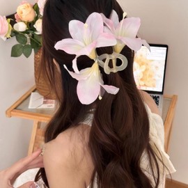 Rannyrena Artificial Flower Hair Claw Clips for Women Large Hawaiian Orchid Non-Slip Hair Barrettes for Beach Seaside Party Tropical Flower Hair Accessories (Pink Lily)