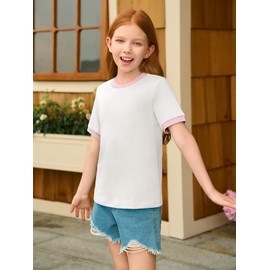 Haloumoning Girls Color Block Short Sleeve Shirts Kids Summer Striped Crewneck Tops Casual Tees 5-14 Years White