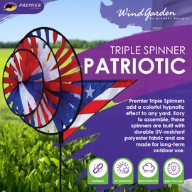 Premier Kites Triple Spinner Patriotic – Eye-Catching Garden Spinner with Colorful Triple Wheels, Durable Weather-Resistant Fabric, Easy Assembly, Outdoor Décor for Patios, Lawns & Holiday Displays