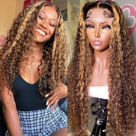 Aveiyce Highlight Ombre HD Transparent 13x4 Lace Front Wigs Human Hair 180% Density Honey Blonde 4/27 Deep Wave Lace Front Wigs for Black Women Frontal Curly Wig 22 Inch
