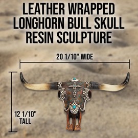 K EXCLUSIVE Bull Skull Decor | Realistic Bull Skull | Leather and Jewel Accents | Rustic Longhorn Design | Polyresin Construction | Easy Mounting Hook