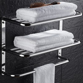 2-Tier Towel Rack Floating Shelf with Towel Bar, 20-Inch W x 8.25-Inch D Bathroom Hotel Towel Shelf, Wall Mount, Mounting Hardware Included,Polished Chrome