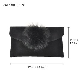 Basic Sense Beautiful Faux Fur Pom Pom Small Suede Envelope Purse Clutch Bag Purse Black Gold Set