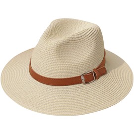 DRESHOW Women Straw Panama Hat Fedora Beach Sun Hat Wide Brim Straw Roll up Hat UPF 50+