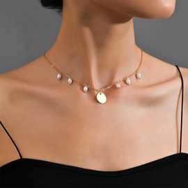Allereya Vintage Coin Disc Pendant Necklace Pearl Dangle Necklace Tiny Coin Necklace Gold Pearl Necklace Jewellery for Women and Girls, Zinc, No Gemstone