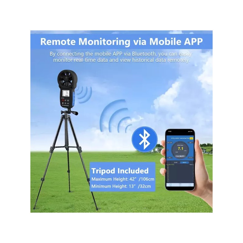 HoldPeak 휴대용 풍속계 블루투스 삼각대 디지털 HVAC 야외 요트 사격