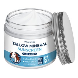 WhereHike Organic Beef Tallow Sunscreen-SPF 50 with Zinc Oxide,Non-Toxic 2-in-1 Moisturizer & Mineral Sunblock | Reef Safe, Chemical-Free,Lightweight, Clean Formula for Sensitive Skin.