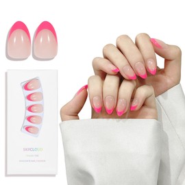 SKYCLOUD Short Almond Press On Nails,15 Sizes-30 Pcs Soft Gel Rose Red French Fake Nails Tips Kit with Nail Glue,Natural Reusable Stick On Nails False Nails for Women and Girls (Rose Red) SK0765