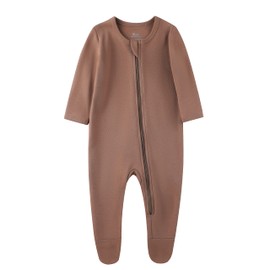 O2 BABY Baby Boys Girls Organic Cotton Zip Front Sleeper Pajamas, Footed Sleep 'n Play（Newborn, Dark Brown）