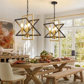 WJShome 4-Light Black and Gold Chandelier, Farmhouse Dining Room Light Fixture/Chandelier Over Table, Rustic Pendant Lights Kitchen Island, Geometric Hanging Foyer Light Fixture.