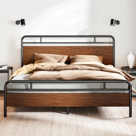 SHA CERLIN King Size Bed Frame with Wooden Headboard and Footboard, Rounded Corner Metal Structure, Heavy Duty Slats with Under-Bed Storage, No Box Spring Needed, Walnut