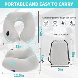 Glyzia Inflatable Travel Neck Pillow for Airplane, Head Support Velvet Adult Neck Pillow for Long Flight, Kit with Eye Mask, Earplugs and Storage Bag,1, Light Gray