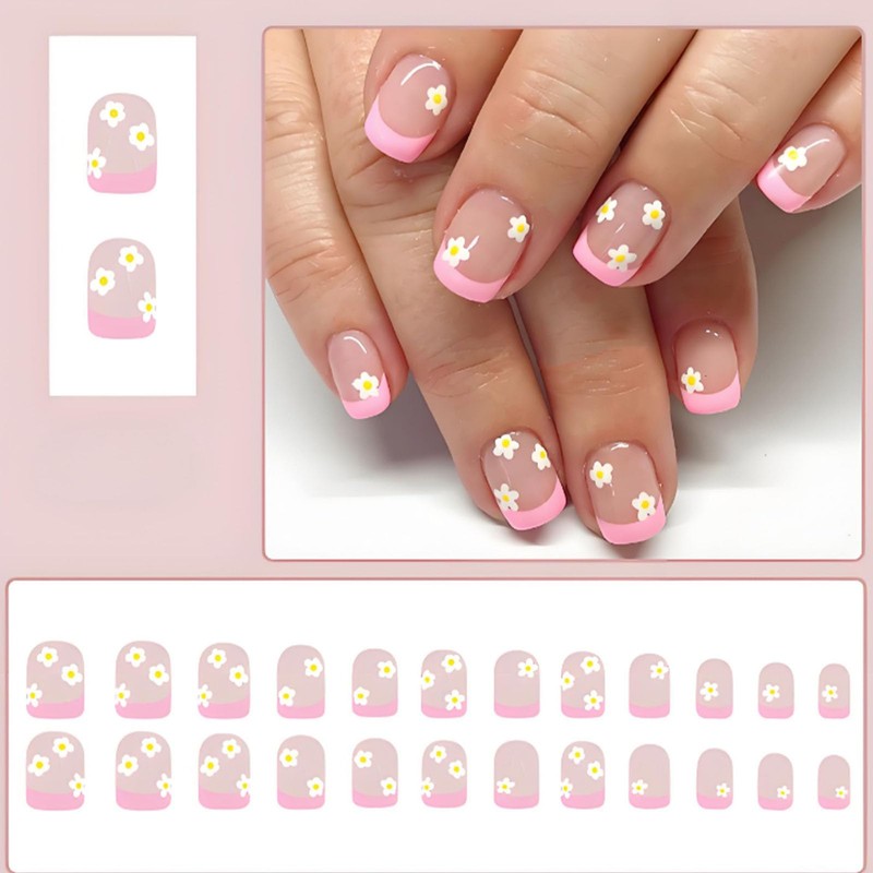 Romantic Floral Embossed Press-On Nails, Pink with Daisy Accents with