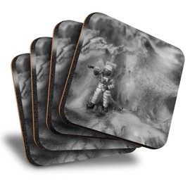 Destination Vinyl ltd Great Coasters (Set of 4) Square - BW - Mini Astronaut Figure Alien Planet Drink Glossy Coasters/Tabletop Protection for Any Table Type #35135