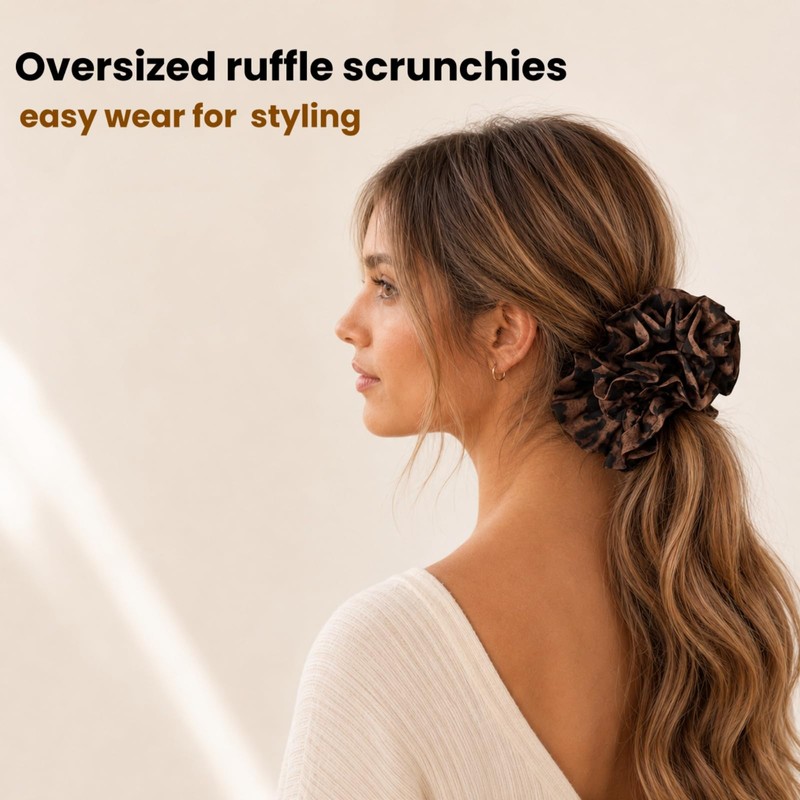 2 Pack Large Leopard Print Ruffle Scrunchies for Women, Large
