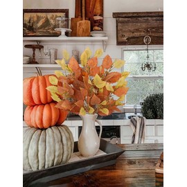 Artificial Fall Birch Leaves Stems - 2 Bundles Faux Autumn Foliage Arrangement 19.6" Fake Plants with Branches Flower Stamens for Thanksgiving Wedding Centerpieces Home Table Mantle Office Decor