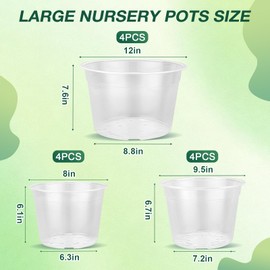 GUGEMEI 12/10/8 Inch Clear Nursery Pots with Drainage Holes, 12 Pack Flexible Large Plant Pots for Plants, Plastic Clear Pots for Seedling, Shrubs, Herbs, Flowers, Vegetables