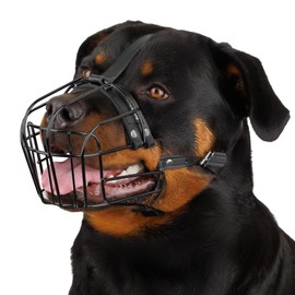 BRONZEDOG Dog Muzzle Adjustable Durable Metal Wire Basket for Large and Extra Large Dogs with Leather Straps Breathable, Drinkable, Adjustable, Training, Prevents Biting (PVC, Rottweiler)