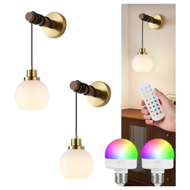 Qiandenghui Battery Operated Sconces Set of 2 with Remote, White Ball Light Shade, Rechargeable LED RGB Light Bulb, Long Working Hours for Bedroom Living Room Ambient Lighting