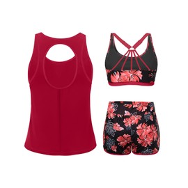 Tankini Swimsuits with Shorts - 3 Piece Athletic Tankini Bathing Suits with Sports Bra and Two Pockets Boyshorts Bottom, Red Floral, Large