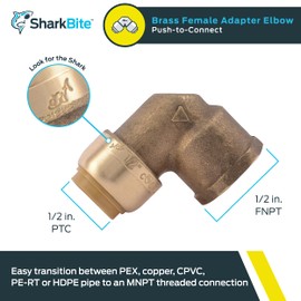 SharkBite 1/2 Inch x 1/2 Inch 90 Degree Female Adapter Elbow, Push to Connect Brass Plumbing Fitting, PEX Pipe, Copper, CPVC, PE-RT, HDPE, U308LFA