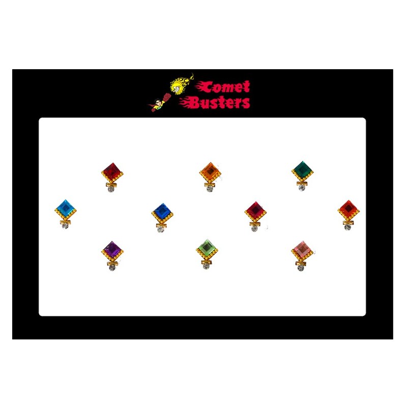 Comet Busters Beautiful Multicolor Square Stone Bindis With Gold Beads
