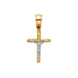 14K Two Tone Gold Jesus Crucifix Cross Religious Charm Pendant with 0.5mm Box Chain Necklace - 16"