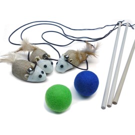 3 Cat Kitten Teaser Wand Toys, Plus 2 Wool Felt Ball Toys, Sisal with Mouse, Bell, Feather, Elastic String, and Sturdy Wood Rod, Interactive Fun, Cat Catcher Mice, Ball Colors May Vary