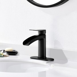 Phiestina Matte Black Single Hole Waterfall Bathroom Sink Faucet Single Handle, with 4-Inch Deck Plate & Metal Pop Up Drain Assembly, NS-SF01-MB