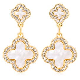 Gold Clover Earrings for Women, Elegant Dangle Lucky Four Leaf Clover Earrings with Shining Cubic Zirconia Mother of Pearl Flower Statement Earrings Trendy Jewelry Gift