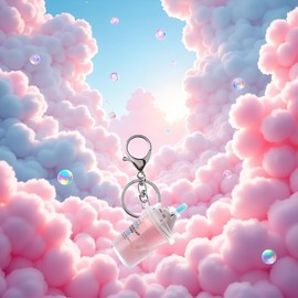 Pink Keychain Milk Tea Cup Key Ring,Cartoon Cat Car Keychain Mini Milk Tea Cup Liquid Crystal Sequin Key Ring Bag Pendant Decoration Accessories,Keyrings and Keychains for Wonmen's and Men's