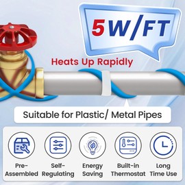 MAXKOSKO Heating Cable for Pipe Freeze Protection, Self-Regulating Heat Tape for Water Pipes for Metal and Plastic Home Pipes, Energy-Saving Heat Trace Cable Keeps Water Flowing at -40 °F, 18 Ft 120 V