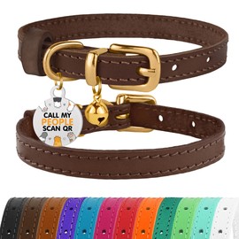 BRONZEDOG Leather Cat Collar with Removable Bells Non Breakaway Kitten QR Tag for Girl Boy (9" - 12" Cats/Mini Dogs, Dark Brown & Gold)