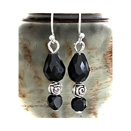 Black Crystal Teardrop and Etched Silver Rose Earrings. Jewelry Earrings for Women #3298FE656