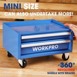 WORKPRO Kids Real Tool Set with 12 Inch Steel Tool Chest with Wheels, 10PCS Boys First Tool Set with 2 Drawers Blue Metal Rolling Tool Chest, Kids Woodworking Tools for DIY, Home Repair