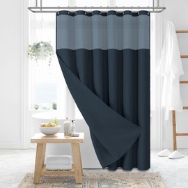 Dynamene Dynamene Fabric Shower Curtain with Snap in Liner, Navy Blue Waffle Hotel Shower Curtains for Bathroom, Washable Waterproof Cloth Shower Curtain Liner Set with Plastic Hooks, Mesh Top Window, 72x72