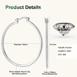 PROSTORY 30mm Moissanite Hoop Earrings, D Color VVS1 Clarity 925 Sterling Silver Large Thin Huggie Earrings for Women Wife Mom Birthday Wedding Jewelry Gifts
