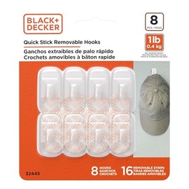 BLACK+DECKER Solid Wall Hooks, Quick Stick Adhesive, Removeable, 8 Wall Hooks, 16 Adhesive Strips, Hang Decorations Without Damaging Walls, up to 1 lb., Clear