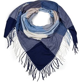 styleBREAKER women square scarf XXL blanket scarf with check print and long fringing, winter scarf, stole, shawl 01017116, Colour:Darkblue-Blue-Cream