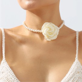 Dainty Rose Flower Pearl Choker Necklace for Women Teen Girls,Vintage Satin Foral Rosette Necklace Trendy Artificial Gentle Bride Wedding Jewelry (White)
