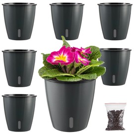 Planterhoma 5 Inch Self Watering Pots for Indoor Plants, 6 Packs African Violet Pots with Water Indicator and Black Wick Pots, Self Watering Planters for Devil's Ivy, Indoor Plant Pots, Grey Gold